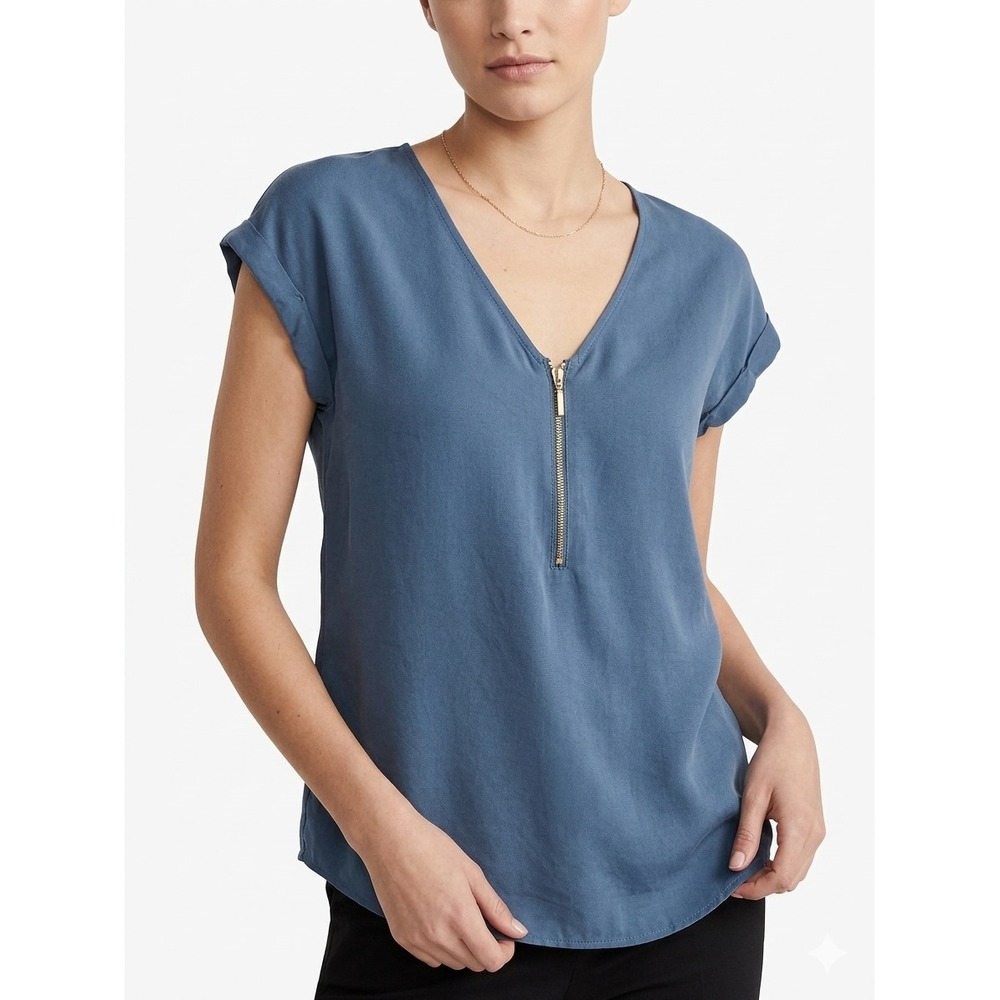Express Blue Boho Classic Old Money Half Zip V-Neck Cuffed Elevated Basics‎ M